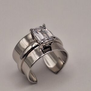 Diamonique x Lisa Freede Emerald-Cut Adjustable Cigar Band Ring–Silver Tone Sz 7